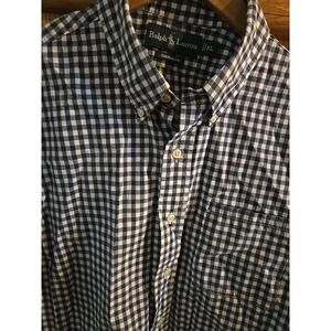 Ralph Lauren Short Sleeve Shirt Size XL Navy Blue Gingham Button Up BLOOPER